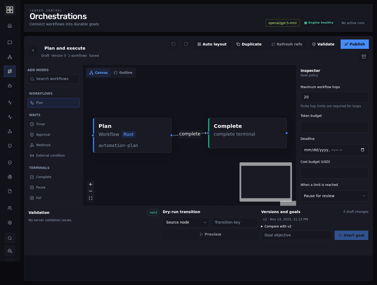 The visual orchestration Studio with workflow nodes, a terminal, policy controls, validation, and version history